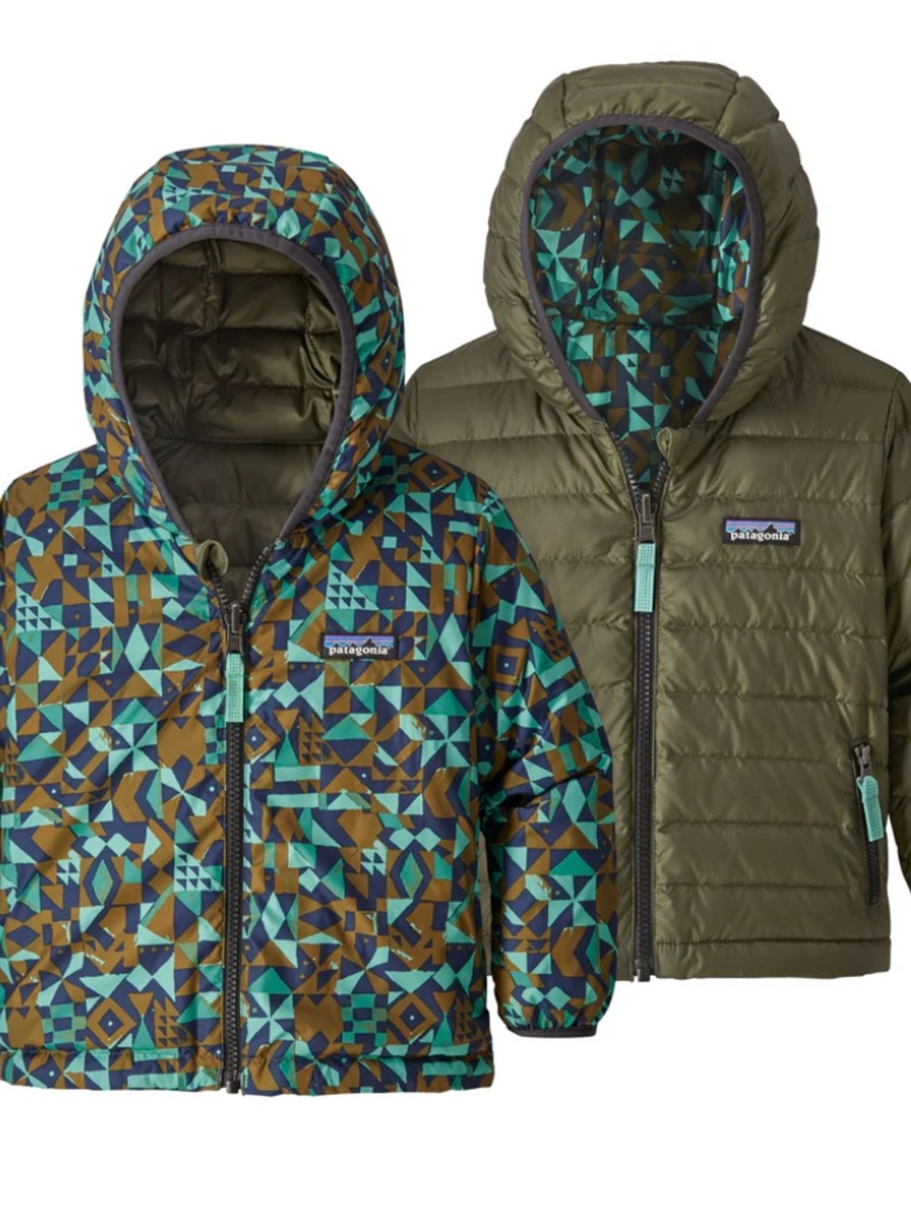 Patagonia Brown, Navy & Teal Geometric Reversible Jacket